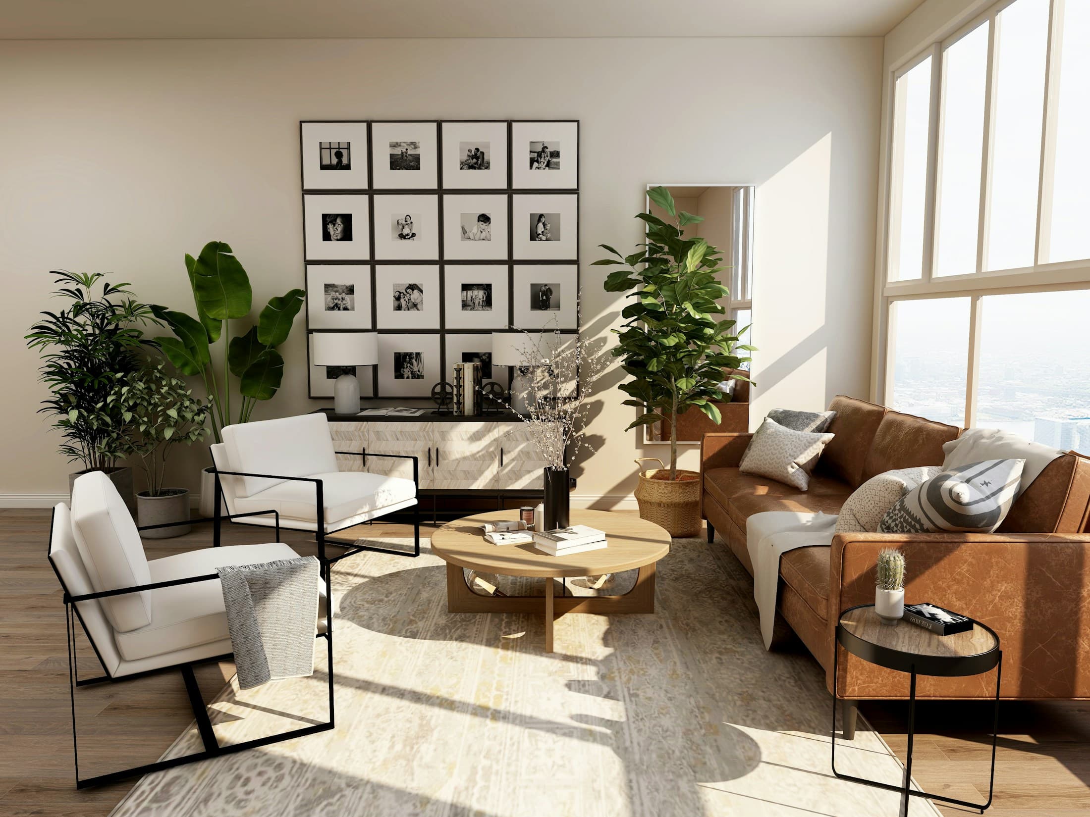 A sunlit living room with a leather sofa, armchairs and a round wooden coffee table